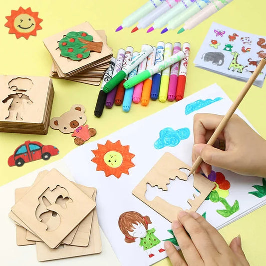 Montessori Kids Drawing Toys DIY Painting Stencils Template Wooden Craft Toys Puzzle Educational Toys for Children Gift 20/32Pcs